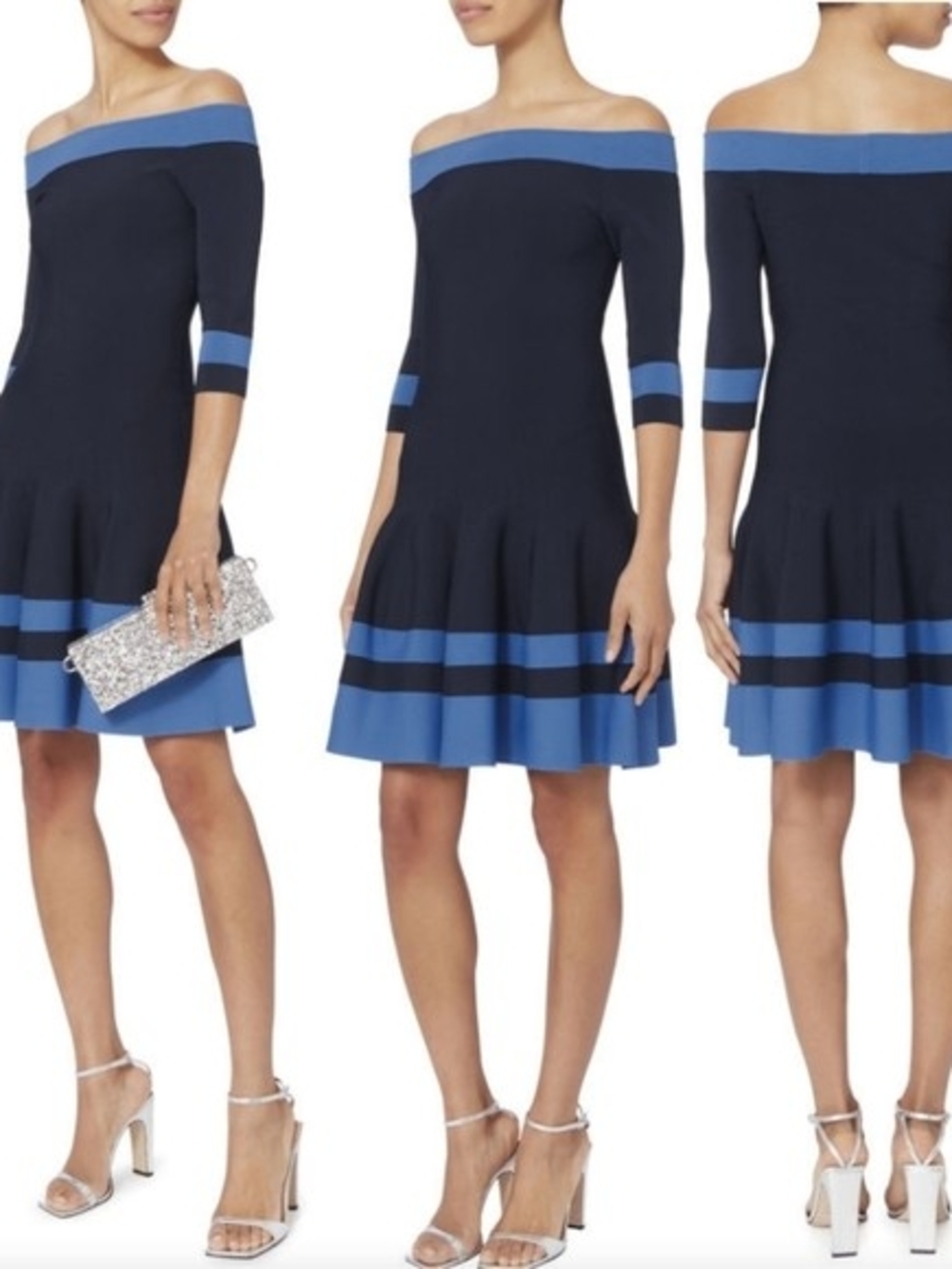 Jonathan Simkhai Navy and Light Blue Off-Shoulder Fit-and-Flare Dress